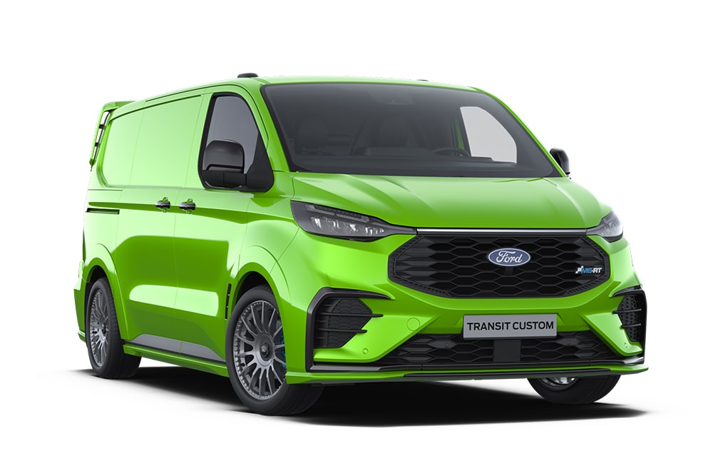 Grønn MS-RT Ford Transit Custom-varebil.