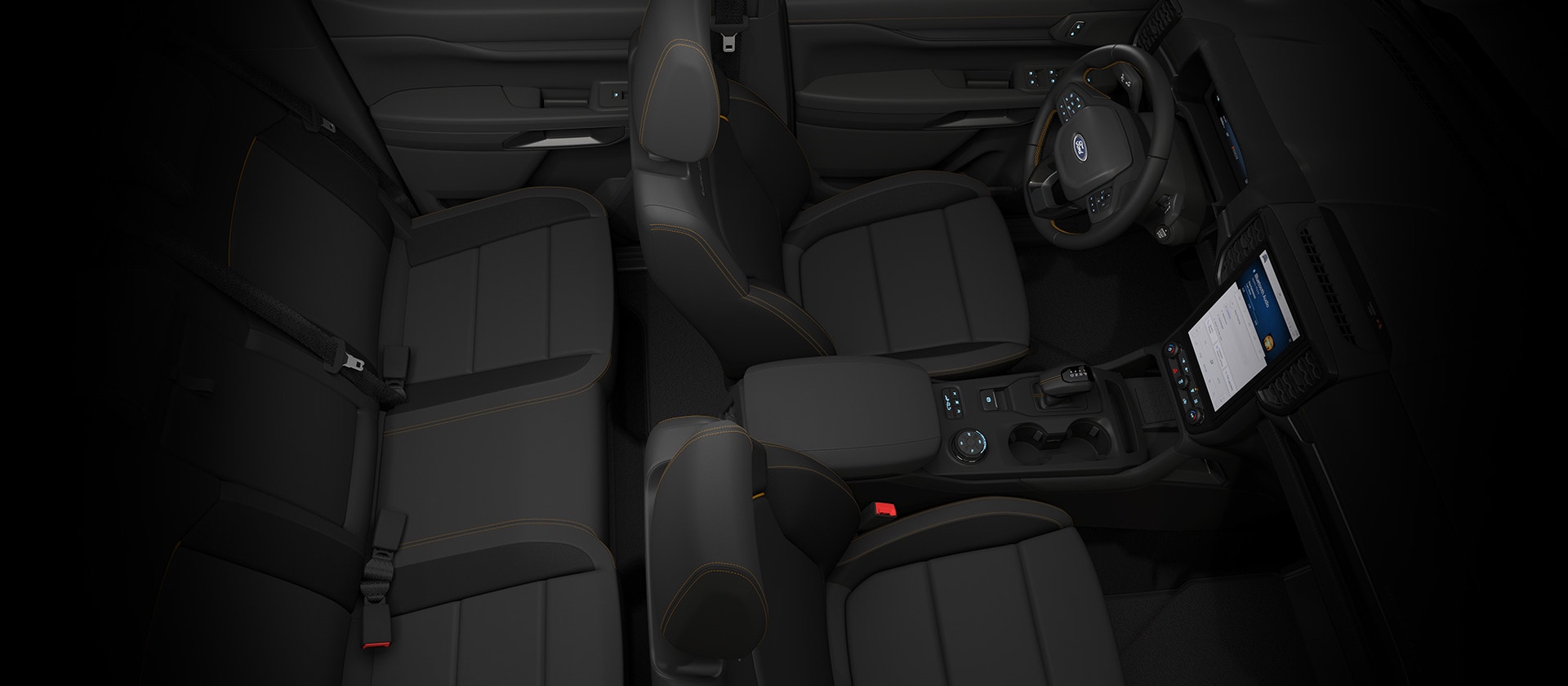 Ovenfra-og-ned-visning av interiøret i en Ford Ranger Double Cab, som viser dashbordet.