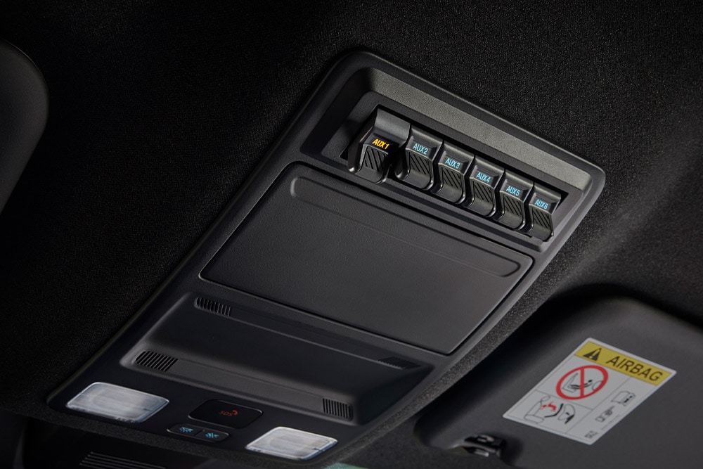 Nærbilde av hender som kobler kabler til strømuttaket på lasteplanet til Ford Ranger.