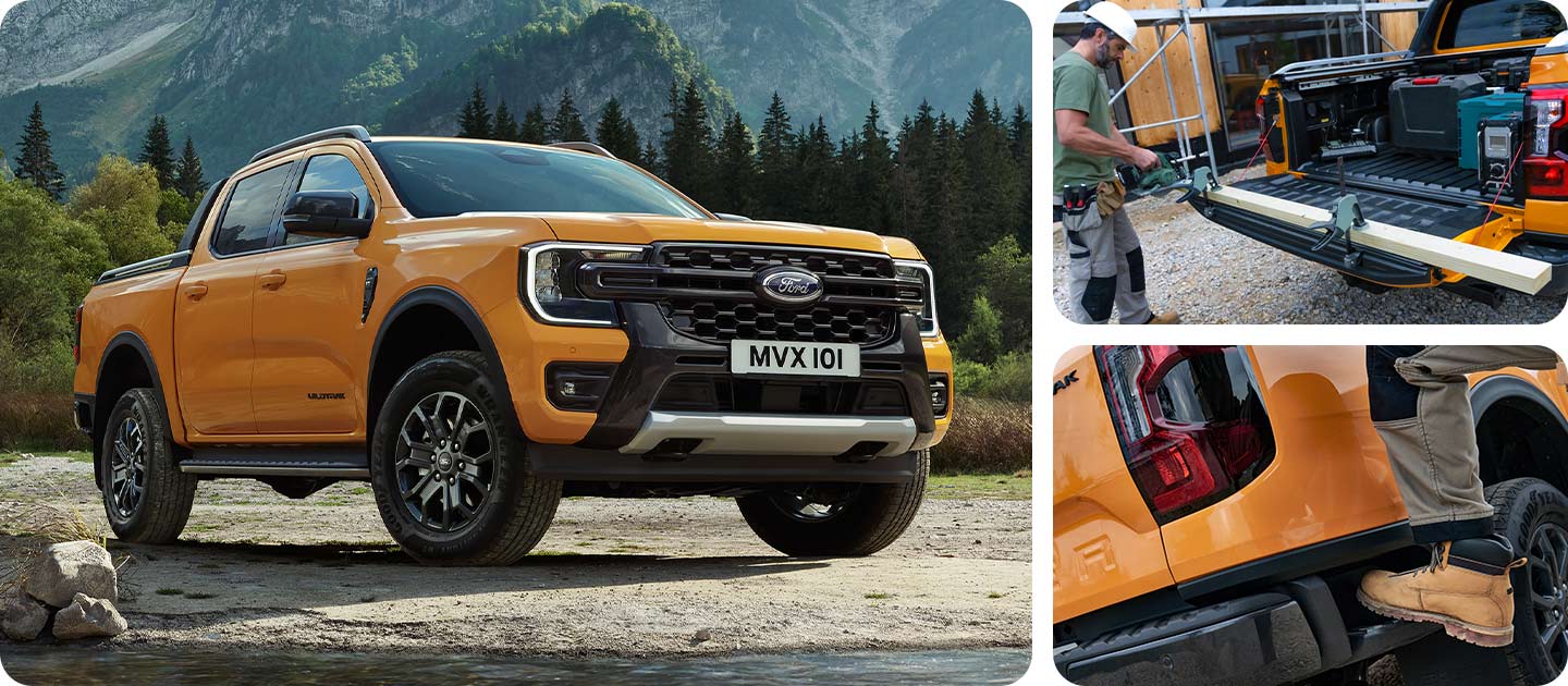 En gul Ford Ranger Wildtrak parkert på steinete terreng med fjellbakgrunn.