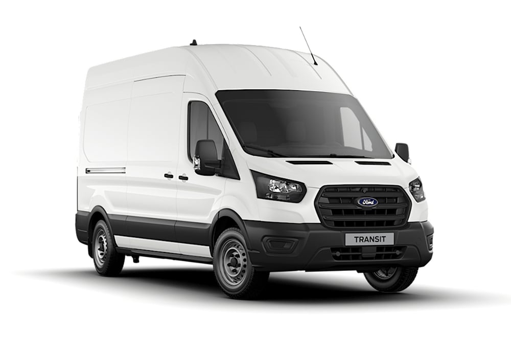 Hvit innsteg Ford Transit varebil, varianten tilbys ikke i Norge.