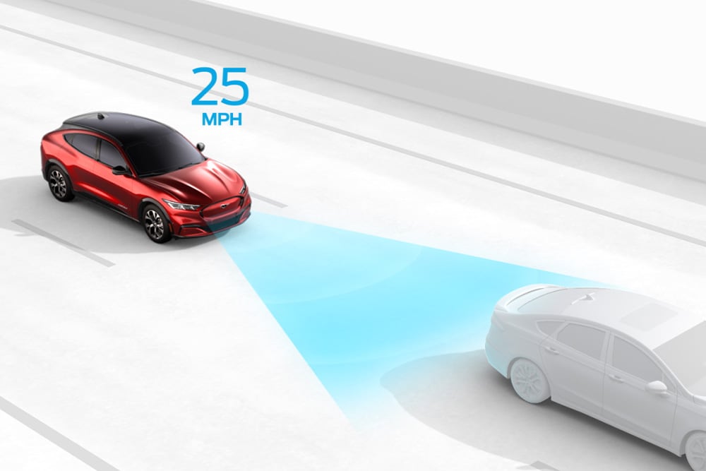 Grafikk som illustrerer den intelligente hastighetsassistenten i et Ford-kjøretøy.