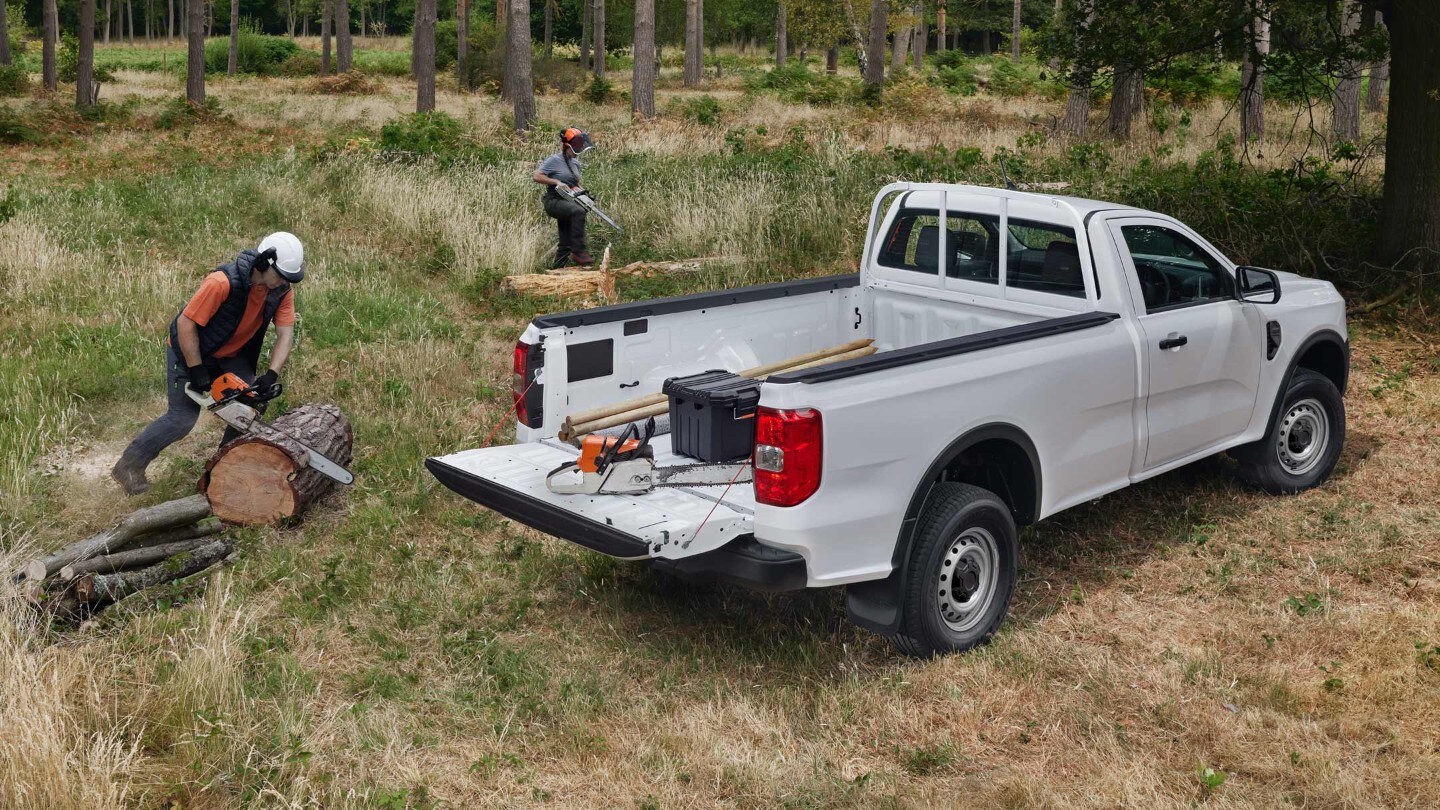 All-New Ranger Raptor 3/4 rear view with load bed in use