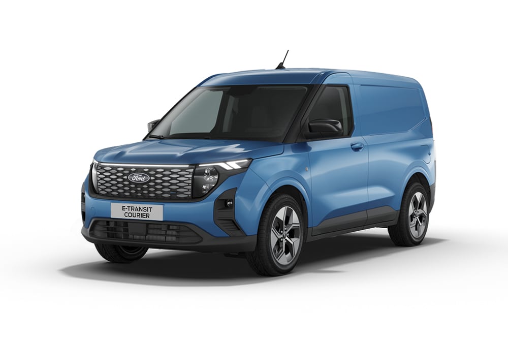 Blå Ford E-Transit Courier