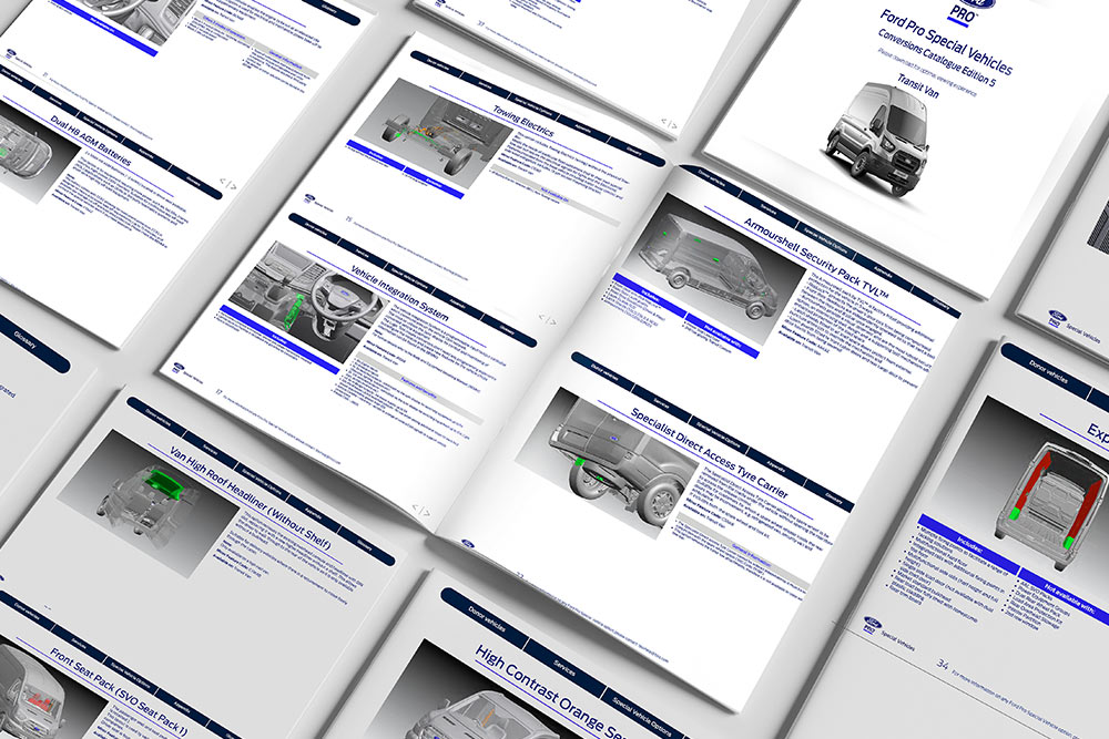 Ford Pro konverteringskatalog åpen til tekniske sider.