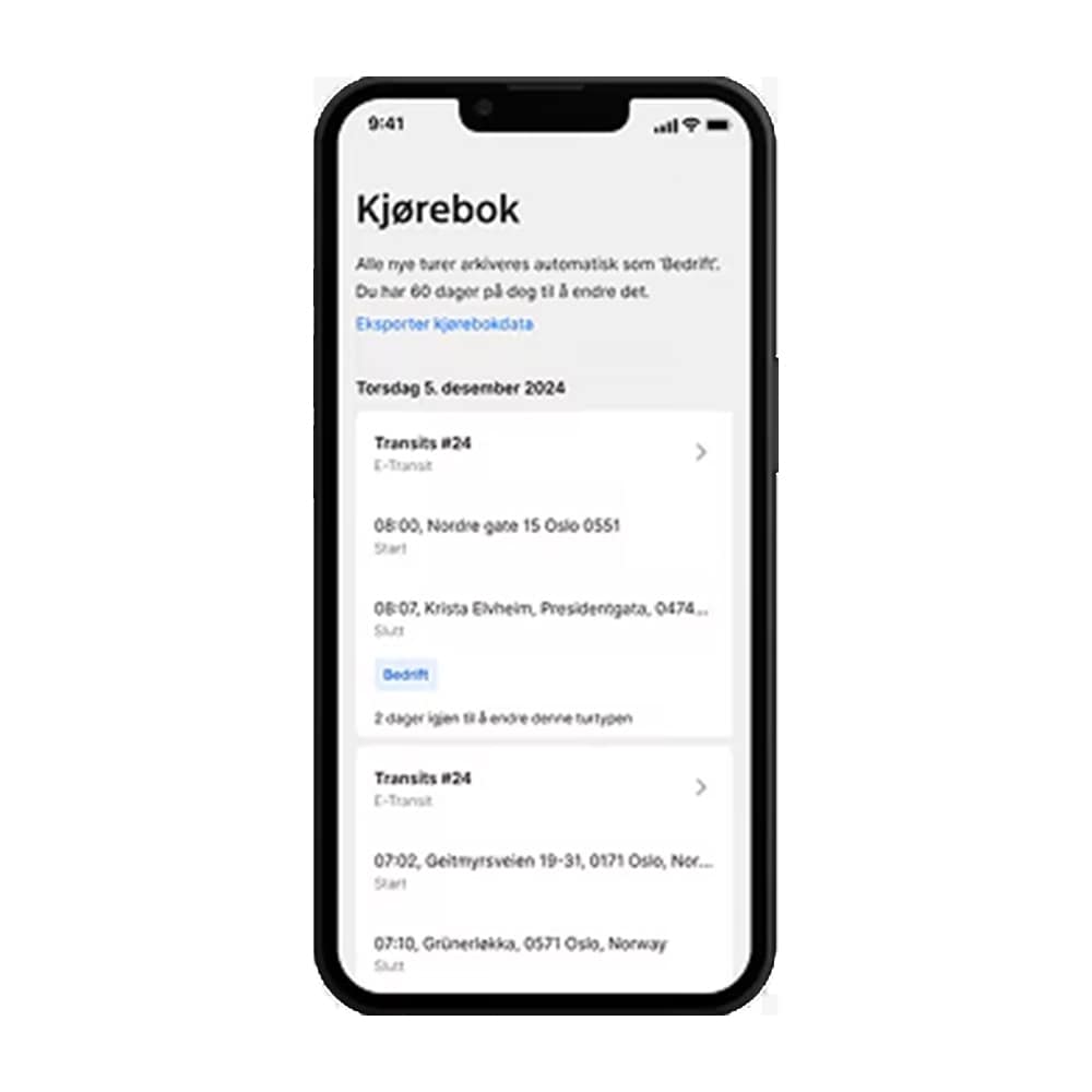 Ford Pro Telematics Drive skjermbilde med en loggbok som viser nylige turer for et kjøretøy.