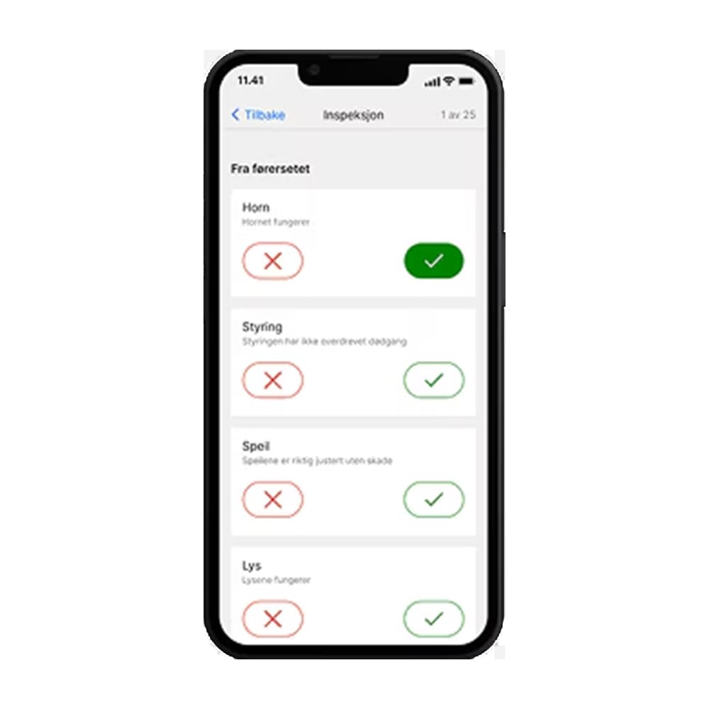 Ford Pro Telematics Drive skjermbilde som viser en sjekkliste for kjøretøyinspeksjon.