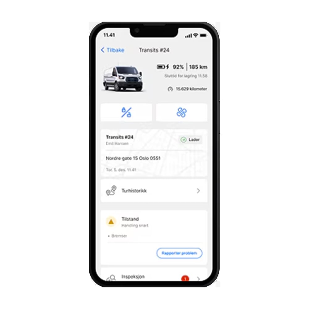 Ford Pro Telematics Drive visning av en kjøretøyside, som viser ulike indikatorer.
