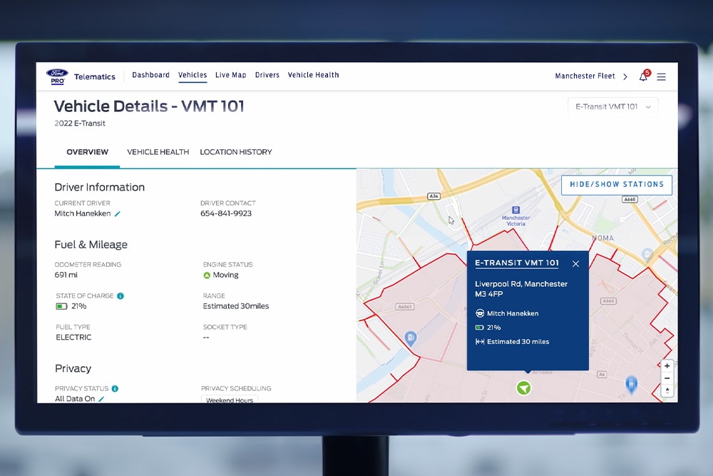  Et dashbord som viser Fords GPS flåtesporingsfunksjon.