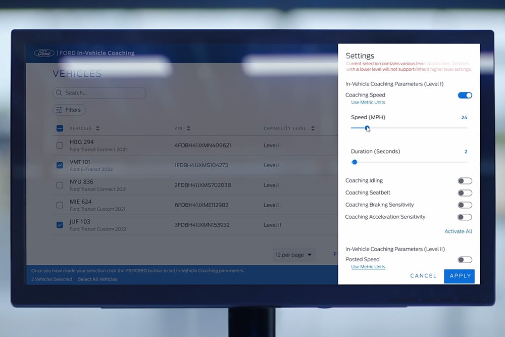  Et dashbord som viser Fords in-vehicle coaching-funksjoner.